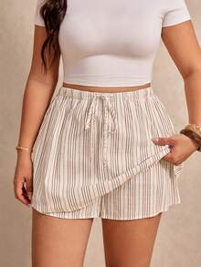 Elaquor Plus Size Women's Drawstring Waist White Colorblock Casual Boho Versatile Daily Vacation Skort Summer Beach - Multicolor - View 3