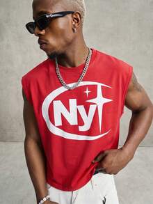 PAVTROS Men's Solid Color Letter Print Crew Neck Fashion Casual Tank Top - Red - View 4