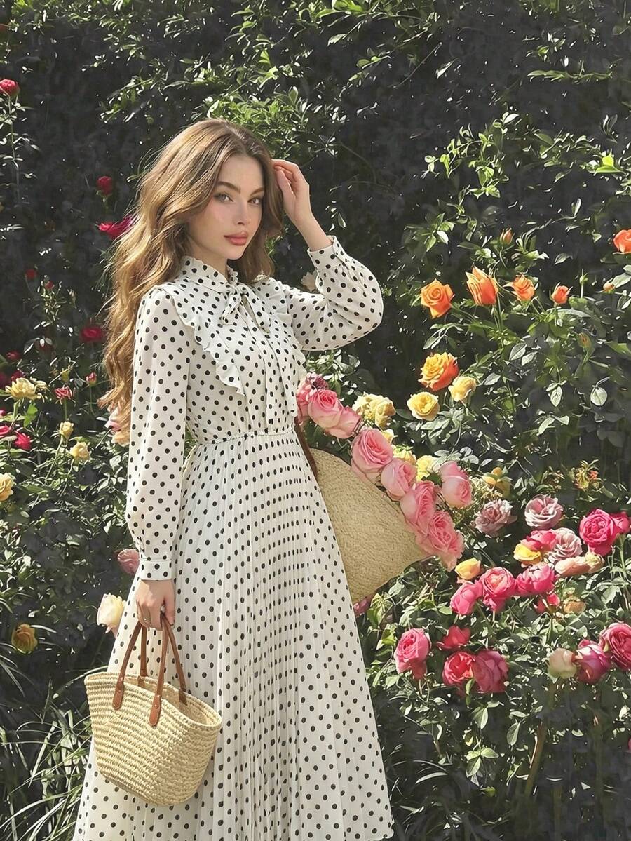 Modelyn 女款復古黑白波點荷葉邊飾褶皺長洋裝