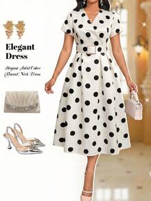 Fleurora Vestido de verano de vacaciones con cuello cruzado, estampado de lunares francés elegante y vintage, con cinturón para mujer - Blanco y Negro - Ver 6