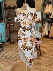Selianne Robe imprimée mi-longue à épaules dénudées pour femmes, pour les fêtes, la plage et les festivals de musique - Multicolore - Voir 4