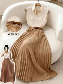 Elenzga Plus Size Women Solid Color Top And Pleated Skirt Casual Daily Outfit Set - Brown - View 4