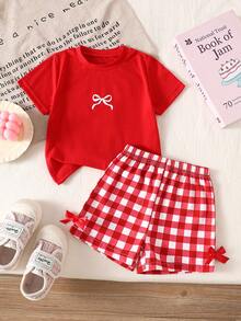 SHEIN 2件組女嬰幼兒/新生兒0-3歲春夏季休閒日常趣味臘腸狗圖案圓領T恤上衣+粉色條紋短褲套裝 - 紅色 - 查看 2