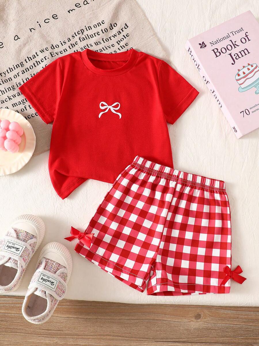 SHEIN 2件組女嬰幼兒/新生兒0-3歲春夏季休閒日常趣味臘腸狗圖案圓領T恤上衣+粉色條紋短褲套裝