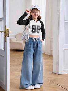 SHEIN 青少年女孩秋冬藍色丹寧抓絨內裡寬鬆長褲 - 中等水洗藍 - 查看 6