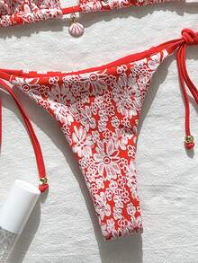 Swim Mod Women's Summer Jacquard Fabric Halter Neck Metal Decor Sexy Bikini Set - Red and White - View 5