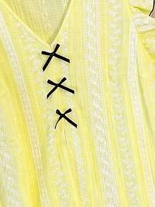 GlowEve CURVE Women's V-Neck Ruffle Sleeve Bow Decor Textured Print Comfortable Casual Sexy Summer Plus Size Dress Vacation Formal Yellow - Pale Yellow - View 7
