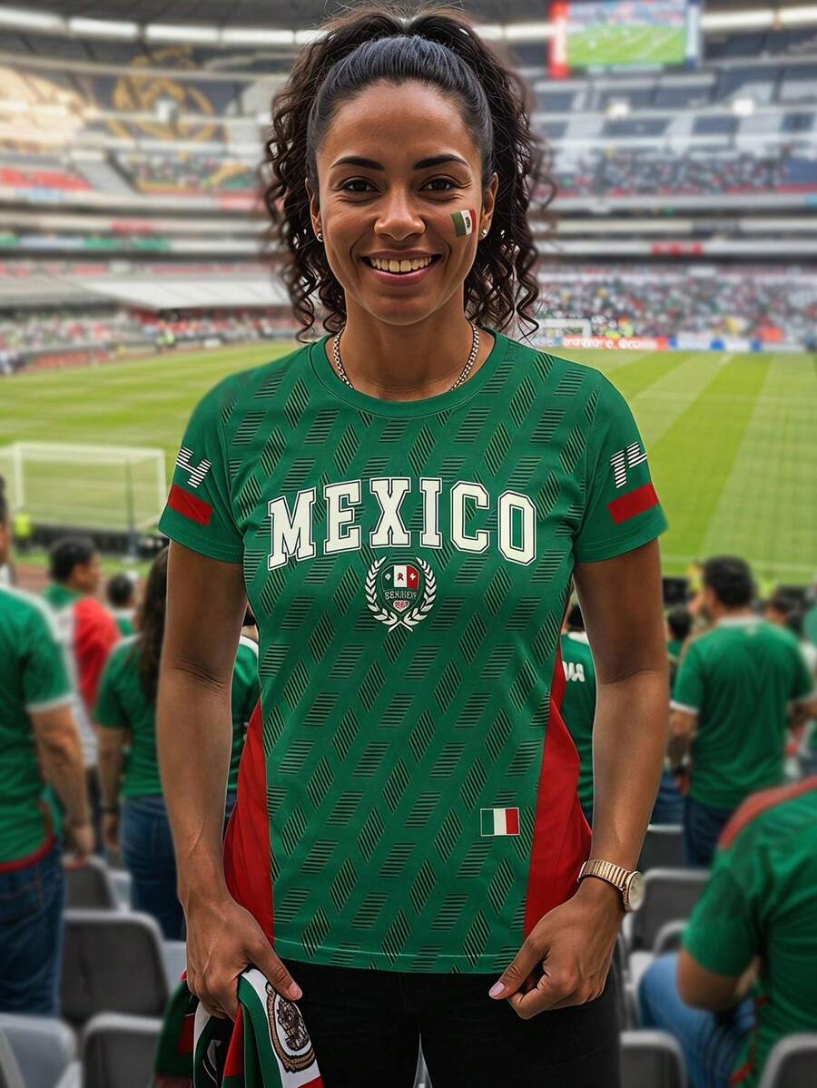 SHEIN LUNE 墨西哥國家隊球迷女款短袖拼接紅綠側邊板 MEXICO字母印花休閒T恤 世界盃觀賽上衣 - 彩色 - 查看 1
