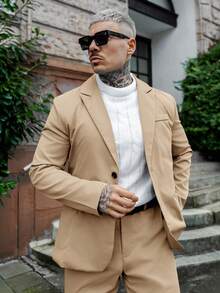 Artur Kramer Setelan Jas Pria Bisnis Warna Polos Sederhana untuk Sehari-hari, 2 Potong/Set Blazer Kancing Tunggal & Celana Jas Formal - Khaki - View 5