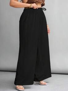 SHEIN Tall CURVE 大尺碼女款素色休閒抽繩腰鬆寬腿長褲 - 黑色 - 查看 5