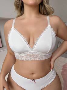 PetitDoll White Minimalist Comfortable Plus Size Lace Patchwork Wireless Bra - White - View 4