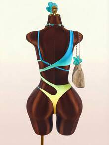 Amplova Traje de baño de una pieza para mujer, sexy y vanguardista, con degradado, recortes y cuentas, adecuado para atuendos de vacaciones, con detalles de recortes asimétricos - Verde - Ver 2