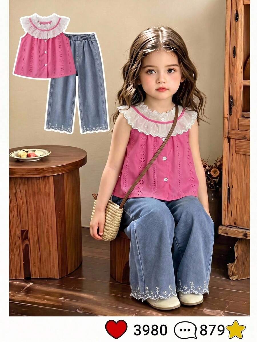 SHEIN Elladie kids 两件套女童休闲时尚荷叶边圆领宽松刺绣蕾丝印花背心上衣+牛仔喇叭裤刺绣裤脚套装，适合度假、旅行、日常穿着，夏季