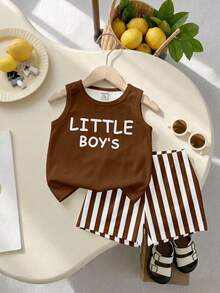 SHEIN Playful Pals 1套男嬰休閒簡約度假風「LITTLE BOY'S」字母印花圓領背心與條紋印花短褲套裝，適合夏季外出、休閒、度假及其他場合 - 彩色 - 查看 1
