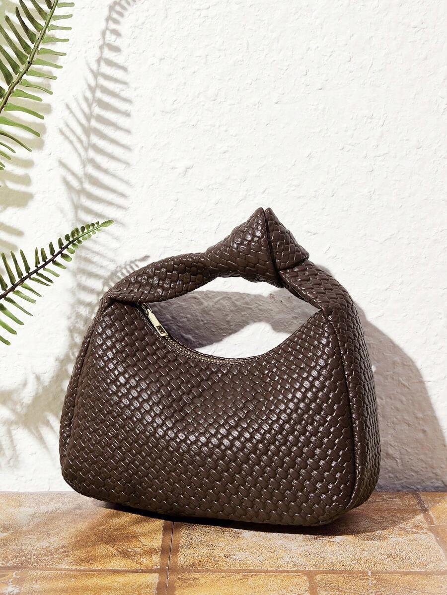 SHECARRY Bolso de mano retro marrón de moda para mujer, material PU tejido exquisito, bolso de media luna portátil con nudo simple, adecuado para uso diario, ir al trabajo, compras, citas, regalos, vacaciones, viajes - Café oscuro - Ver 1
