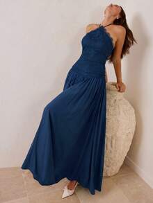 Enchnt Women's Lace Patchwork Ruffle Casual Party Long Dress - Navy Blue - View 7