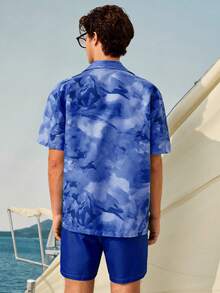 Manfinity VDAYZ Men's Beach Set Short Sleeve Top And Drawstring Shorts, Holiday - Blue - View 2