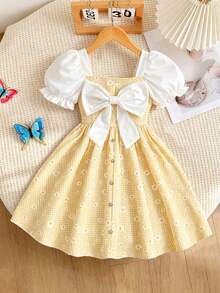 SHEIN Playful Pals 青少年女孩新款方領清新格紋印花蝴蝶結裝飾短袖洋裝 - 黃色 - 查看 9
