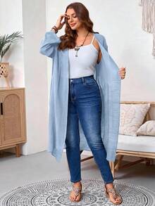 EMERY ROSE Plus Size Solid Color Casual Vacation Jacket Fall - Blue - View 7