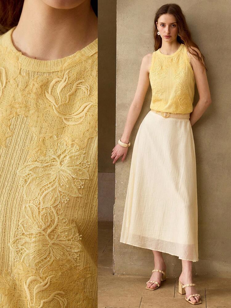 WOMEN'S YELLOW JACQUARD APPLIQUE KNIT TANK TOP, CASUAL & DATE WEAR, SPRING/SUMMER