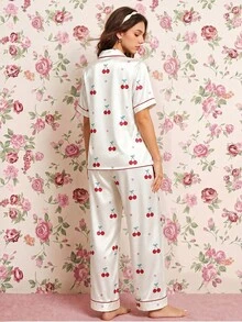 Elorette Women's Cherry Printed Short Sleeve Pajama Set With Colorblock Border, Artificial Silk - Champagne - View 3
