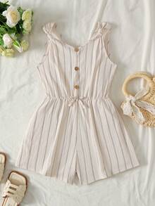 SHEIN Tween Girls Casual Striped Woven Knot Vest-Style Jumpsuit For Tween Girls, Featuring Front Button Embellishments, Is Perfect For Spring Outings, Pastoral Scenes, Afternoon Tea In The Garden, And Casual Outings - White - View 2