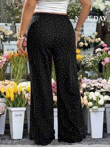 GalTyme Plus Size Polka Dot Print Ruffle Hem Pants Formal Vacation Black And White Autumn Casual - Black and White - View 2