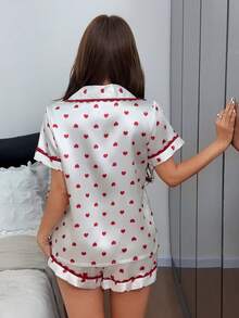 Dream Adore Heart Print Lace Trim Open Front Collar Faux Silk Short Sleeve Shorts Women's Pajama Set - White - View 2