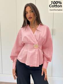 Siren Gaze Women's Lapel Long Sleeve Waist-Cinched Metal Buckle Decor Pink Shirt For Commute And Daily Wear - Pink - View 1