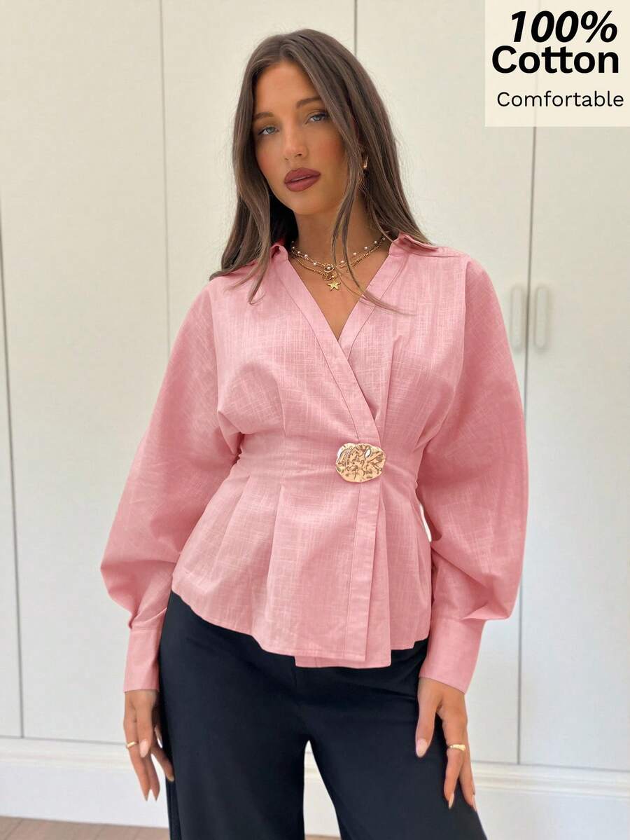 Siren Gaze Women's Lapel Long Sleeve Waist-Cinched Metal Buckle Decor Pink Shirt For Commute And Daily Wear - Pink - View 1
