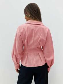 Siren Gaze Women's Lapel Long Sleeve Waist-Cinched Metal Buckle Decor Pink Shirt For Commute And Daily Wear - Pink - View 2
