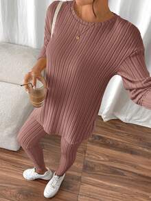 SHEIN Frenchy Camiseta de punto acanalado con hombros caídos & Leggings de tela texturizada Conjunto de dos piezas - Rosa vieja - Ver 6
