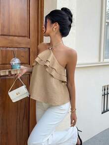 Siren Gaze Halter Neck Ruffle Top For Women - Khaki - View 2