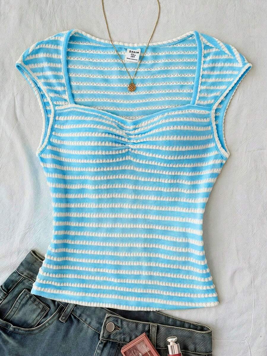 Teen Girls Summer New Ocean Blue Knit Textured Jacquard Ruched Chest Sweet Girly Cute Home Casual Off-Shoulder T-Shirt - Blue - View 1