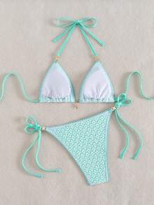 Vaytide Bolso triangular de estilo sexy para mujer con tela calada, unicolor, adorno de flor de concha y perlas - verde menta - Ver 3