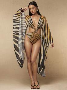 Silquee Spring/Summer Women's Extra Long Sleeve Printed Hollow Out One-Piece Swimsuit Bathing Suit For Women Beach Vacation Party Vacation Brown Sexy - Black - View 4