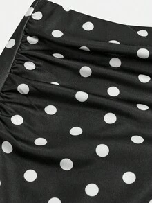 SHEIN 少女度假针织经典黑白波点图案修身露脐背心和低腰鱼尾裙两件套，含围巾 - 黑色 - 查看 4