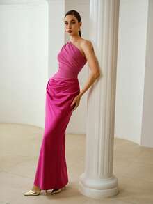 ZEYLAH Sleeveless Color Block Knit Maxi Fish Tail Dress, Autumn/Winter Party - Hot Pink - View 5