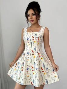 Rafferiza Ditsy Floral Square Neck Tie Waist A-Line Sleeveless Dress For Women - Multicolor - View 3