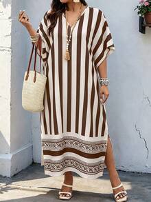 EMERY ROSE Plus Size Women's V-Neck Striped Colorblock Casual Party Dress - Brown - View 1