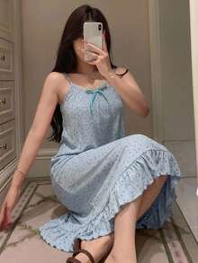 DAZY 碎花細肩帶荷葉邊下擺無袖洋裝 夏季女款睡裙睡衣 - 淺藍色 - 查看 3