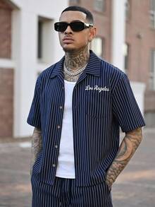 Devon Thys Manfinity Streetrush 2pcs Men's Star Print Short Sleeve Zipper Front Shirt & Shorts Outfit - Royal Blue - View 1