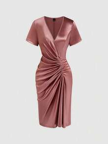 EMERY ROSE Đầm nữ cổ chữ V tay ngắn, xếp ly eo, kiểu dáng thanh lịch, thích hợp mặc hàng ngày, đi nghỉ mát, dạo chơi, dự tiệc, mùa xuân/hè. - Bụi hồng - Xem 4