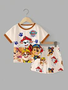 SHEIN | PAW Patrol 兒童小男孩休閒簡約風，柔軟舒適，經典可愛卡通圖案印花，可愛居家寬鬆休閒T恤與短褲兩件套 - 彩色 - 查看 7