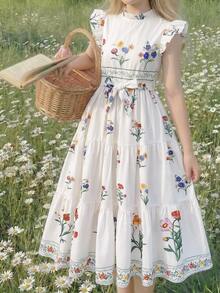 SHEIN Váy ngắn tay in độc quyền thắt nơ thời trang thanh lịch cho bé gái tuổi teen - trắng - Xem 10