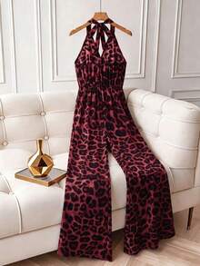 Franclia Jumpsuit Wanita Motif Leopard Musim Semi/Panas, Leher Halter, Tanpa Punggung, Dekorasi Gesper Matahari, Potongan Pinggang Lebar, Cocok untuk Belanja / Festival Musik / Liburan Pantai / Perjalanan Sehari-hari - MultiWarna - View 2