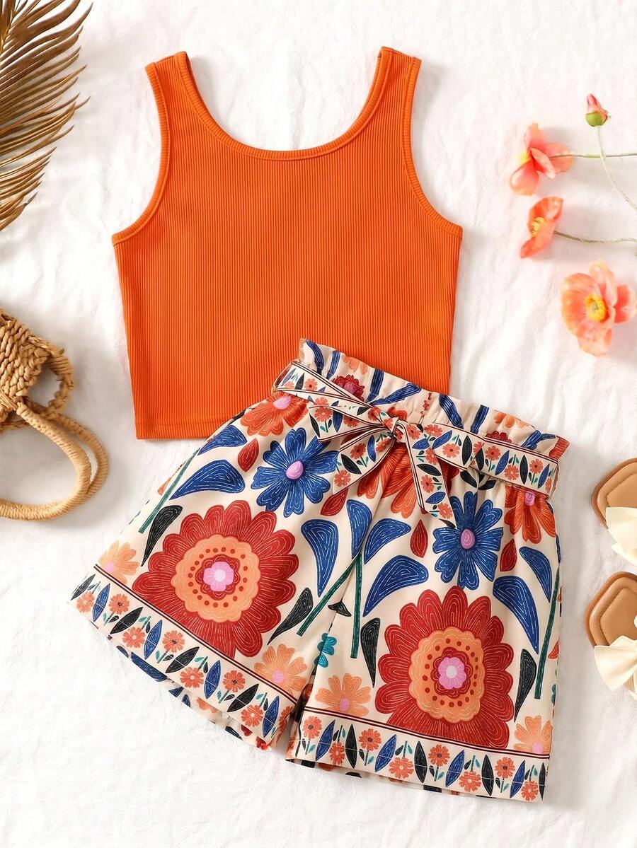 Emery Rose Kids Emery Rose Kids Tween Girl Black Tank Top & Leopard Print Paper Bag Shorts 2 Pieces Set - Orange - View 1