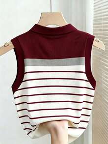 Resyla Plus Size Women's Red Striped Colorblock Digital Print Ribbed Casual Everyday Knit Polo Collar Sleeveless Tank Top - Multicolor - View 2