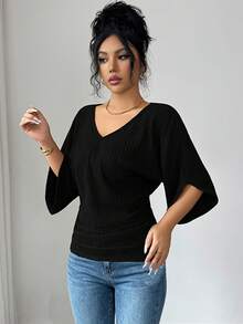 Elenzga Women's Textured Fabric V-Neck Loose Waist-Cinched Ruched Waist Figure-Flattering Design High-End Elegant Birthday Gift Date Versatile Short Sleeve - Black - View 5