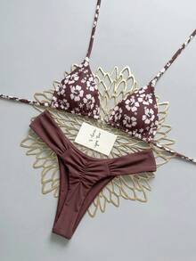 Swim Mod 26SS Spring/Summer Vacation Beach Brown Floral Print Bikini Set - Multicolor - View 1